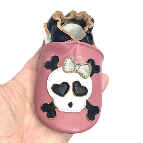Momo Soft Sole Leather Baby Shoes Pink Skull Bow Size 12 to 18 months - Picture 6 of 14